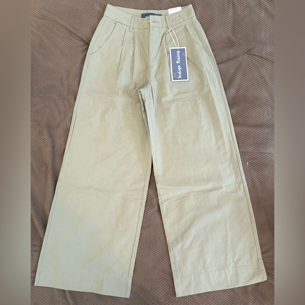 NWT Indigo Rising Khaki Green Pleated Wide-Leg High-Waisted Trouser Pant - 5/27 - Picture 2 of 8